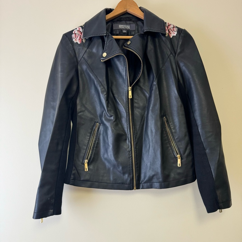 Kenneth Cole Reaction Black Faux Leather Floral Embroidered Jacket Gold Accents